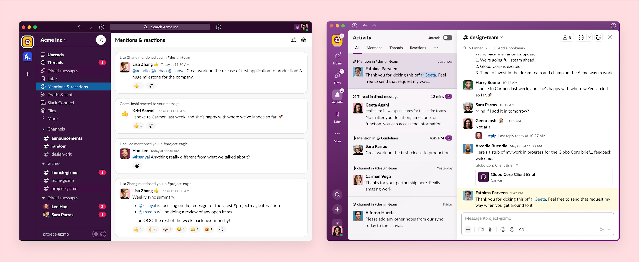 Old Slack interface along side the new more unified approach being announced today 8/9/2023.
