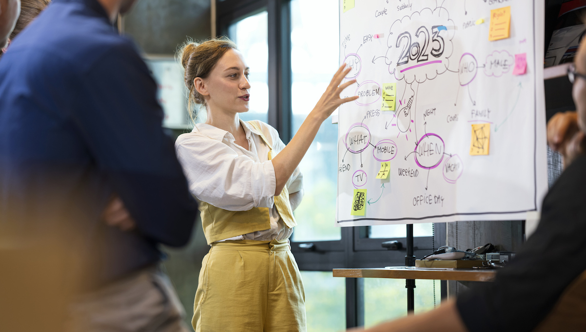 Empower Your Teams to Work Together More Effectively. A Female Business team leader present on new business workflows with her team for brainstorm ideas to manage customer project.