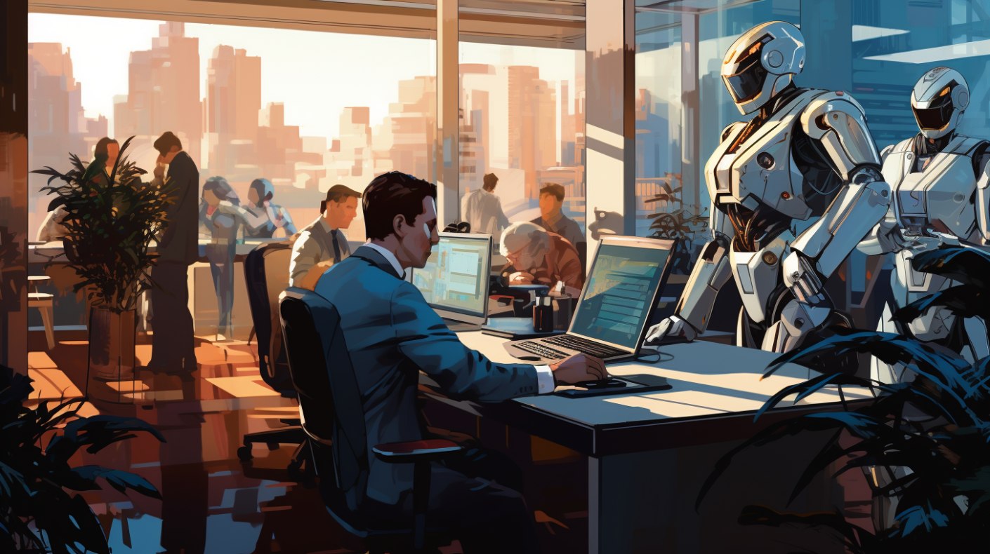 Robots and humans work together in a modern office.