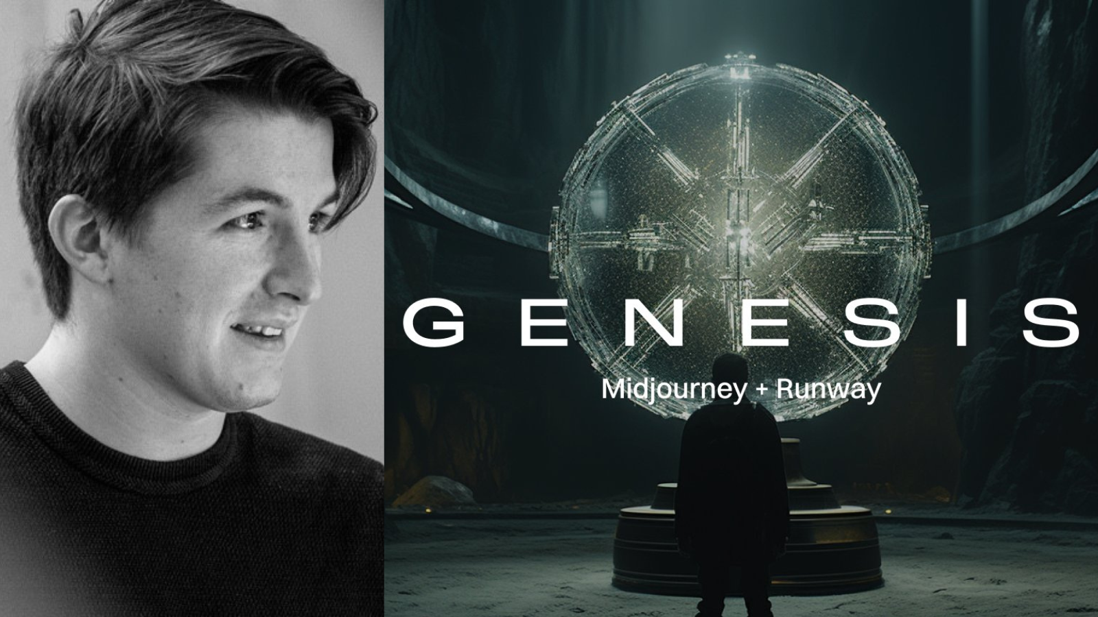 Nicolas Neubert alongside the title card of the Genesis trailer created with Midjourney and Runway Gen2