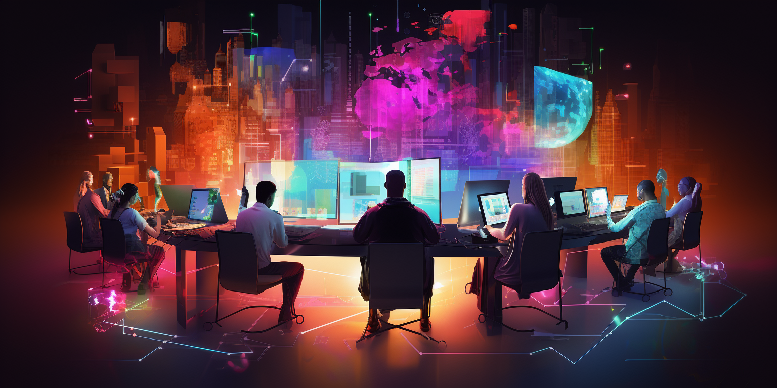 Colorful business team working on AI and cybersecurity concept