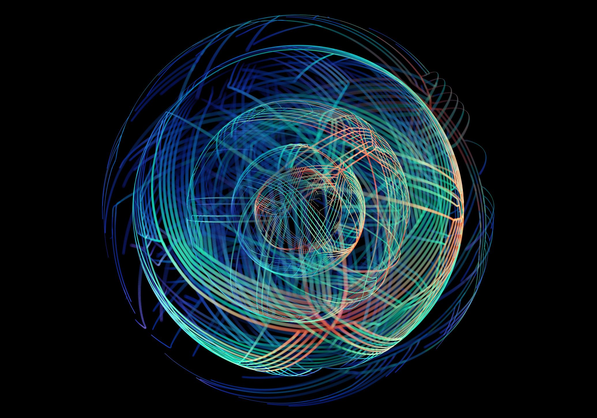 Digital generated image of multi layered spherical line traces connection on black background.