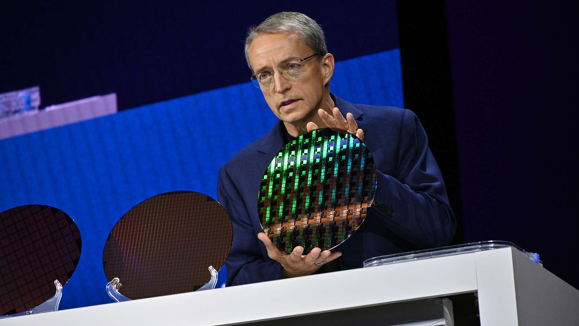 Intel CEO Pat Gelsinger holds up 18A wafer