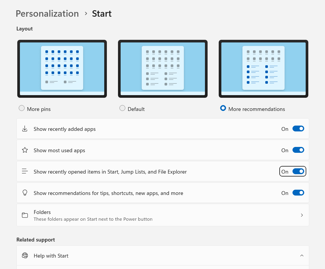 Windows 11 Start menu personalization