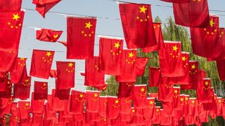 Flags of the People's Republic of China, hanging in a park during National Day in Beijing, China