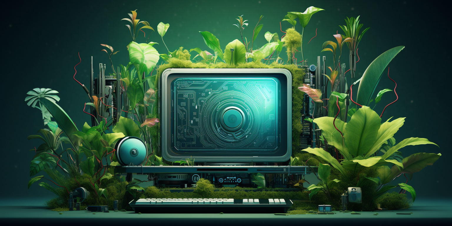 A computer with green plants growing
