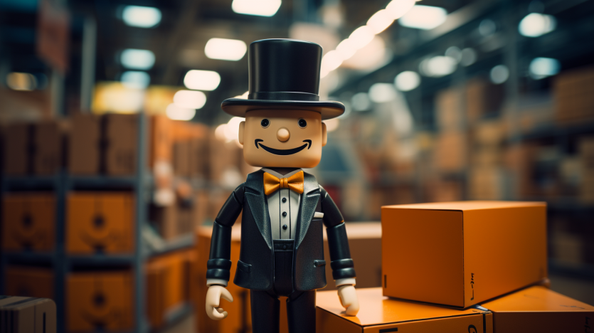 Top hat man stands in an Amazon fulfillment center.