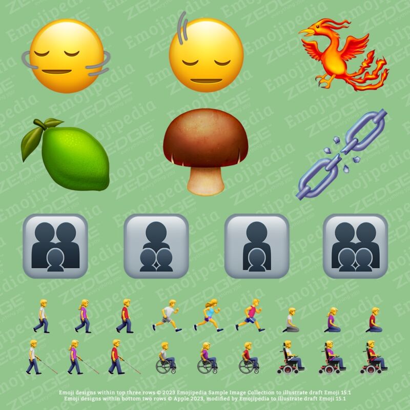 Examples of new and modified emoji in Unicode 15.1. 