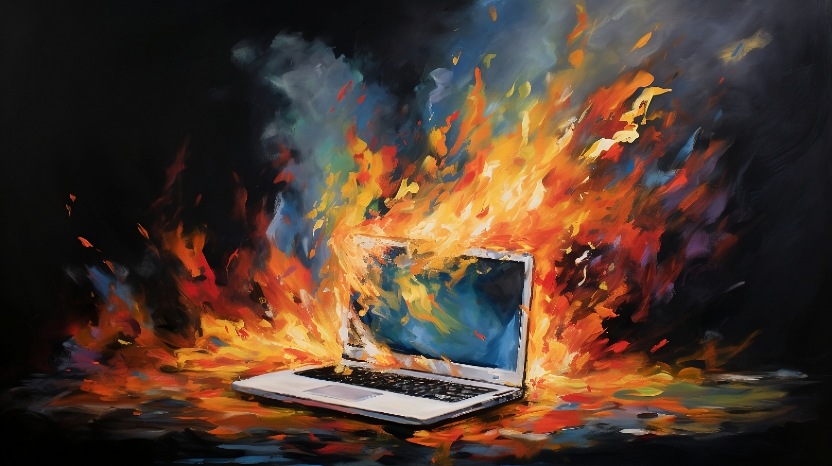 Google on a laptop set on fire, depicted as an abstract painting.