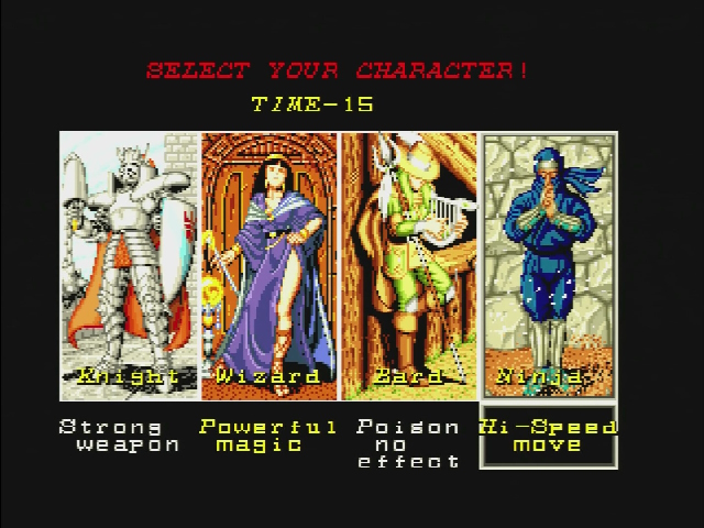 Gate of Doom character select. You can choose a Knight, Wizard, Bard, or Ninja. Ninja has Hi-Speed move.