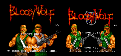 Bloody Wolf title screens on arcade and PC engine.