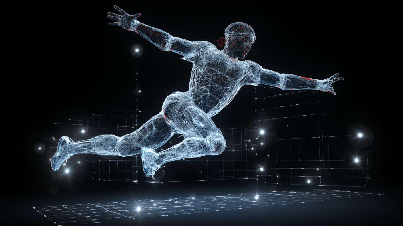 Glowing white and blue 3D wireframe image of a person leaping through the air over a black backdrop.