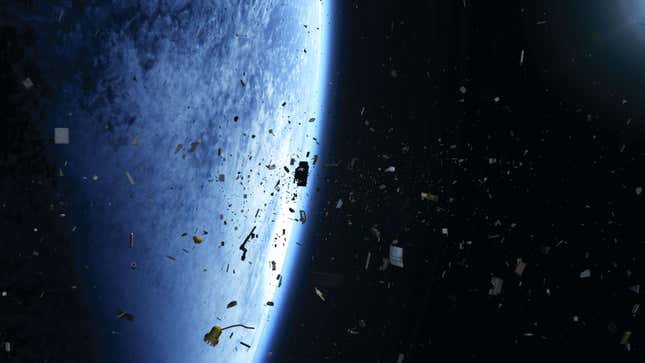 An illustration of space debris littering Earth orbit.