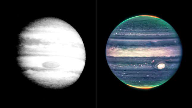 Left: Pioneer 10's view of Jupiter in March 1973. Right: Webb Telescope’s view of Jupiter in July 2022. 