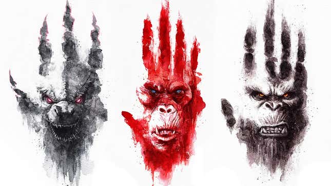Godzilla, the antagonist, and Kong in posters for Kong x Godzilla: The New Empire.
